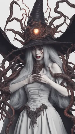 Demon girl wizard hat Halloween vintage girl, fullbody, creepy, horrifying, sinister, many worms parasite creature connected to the head and hands, sparks around her, sparks cybernetic, intricate, 8k, macro photography,