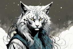 create an ethereal, otherworldly anthropomorphic Lynx woman , in the comic book art style of Mike Mignola, Bill Sienkiewicz, and Jean Giraud Moebius, with highly detailed fur and facial features , finely inked , dramatic natural lighting