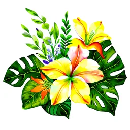 Watercolor of Tropical spring floral green leaves and flowers s isolated on transparent png background, bouquets greeting or wedding card decoration, with