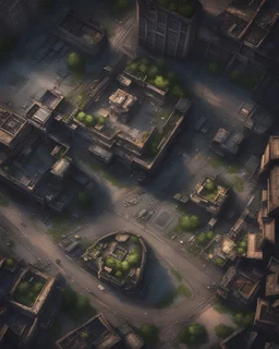 Birds Eye View, Top to Down. A Corrupted Ruined City. Broken Buildings, Empty Cars, Old Highways, Night Time.