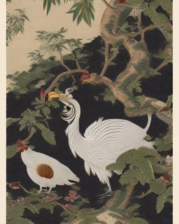 a repeating pattern of Vintage European chinoiserie wallpaper with dodo bird and oak leaf branches