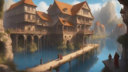 medieval buildings with balconies overhanging lake edge with blue sky and people, photorealism, fantastical, intricate detail, splash screen, concept art