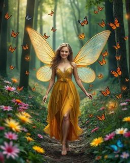 Beautiful Lady Fairy smiling walk in forest with flowers and many colourful butterflies and fireflys, photography art