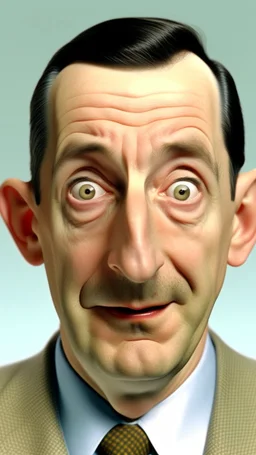 A man looks like pee wee Herman with big ears open his eyes wide like surprise