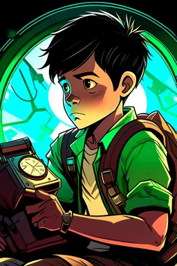 gimme a book cover photo which a boy 11 year old with dark hair in the dark with a backpack and a watch who is laying unconisous