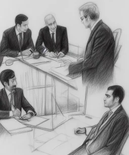 Pencil sketch of Four doctors are discussing ، on lined paper