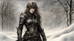 Hyper-photorealistic watercolor art style by Luis Royo , a warrior woman in black armor on the background of a cold snow-covered country, ice and crystal, frost and snow, hyperdetailed face, full body diagonal shot, encounters male bandits in dark fantasy countryside setting, absence of mysterious elements, dramatic lighting, ultrafine detail, octane rendering., by