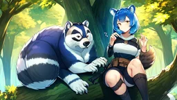 Girl, blue hair, raccoon ears, raccoon tail, raccoon face, forest, sit on tree, raccoon paws on hand