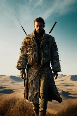 Generate an image of a man on a midjourney through a vast, open landscape. The man is tall and muscular, with rugged features and piercing eyes. He is dressed in worn and torn clothing, a testament to the trials he has faced on his journey. Despite the challenges he has faced, he stands tall and unbroken, his determination and strength shining through. Include key words such as 'midjourney,' 'open landscape,' and 'determined' in the image