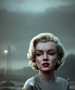 Ultra Realistic retro sci-fi 1960 scene, waist up view portrait, blonde woman, sweet young Marilyn Monroe face, perfect iris, tight latex coat, Strange planet background, Retro sci-fi style glass helmet, sphere dron, fog, rain, soft color, highly detailed, unreal engine 5, ray tracing, RTX, lumen lighting, ultra detail, volumetric lighting, 3d, finely drawn, high definition, high resolution.