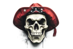 front facing skull (angry, wearing a wide confederate hat), airbrush on white background'