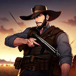 Clear Focus, High resolution, gunslinger, Bearded, short brown hair, serious eyes,