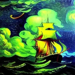 Dibujo al oleo de un Viejo Barco Pirata navegando en la tormenta, lighting, con nubes estilo Vincent van Gogh 8k