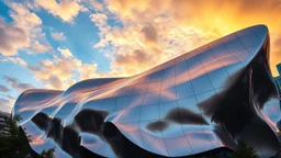 Objects: The main focus is the modern building characterized by its irregular, wavy shape and shiny, metallic finish. The surface is comprised of large panels that reflect the surrounding environment and the sky above. Atmosphere: The sky is filled with dynamic clouds that vary in color from soft oranges to deep blues, suggesting either sunset or sunrise. The interplay between light and shadows enhances the building's unique design. Mood: The overall mood evokes a sense of innovation and creat