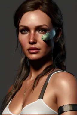 camilla luddington face, lara croft clothes, portrait busty and face, light effects, particles,