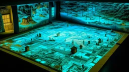 A cyan pixelated realm with lasers designed in native American petroglyphs painted by Pieter Bruegel the Elder