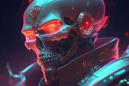 A glass headed skull with glowing ruby eyes wearing a futuristic uniform, 8k resolution concept art portrait by Greg Rutkowski, Artgerm, WLOP, Alphonse Mucha Boris Vallejo dynamic lighting hyperdetailed intricately detailed Splash art trending on Artstation Unreal Engine 5 volumetric lighting