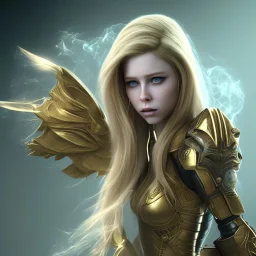 perfect face avril lavigne, yellow eyes,dress armor athena, golden, particle fog, cloud, smoke