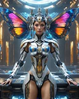 Full body portrait of cyber mech robot butterflies woman ((masterpiece)), (beauty:1.3), iconic asp headpiece, UHD, 64K, hyperrealistic, vivid colors, , 8K resolution, throne room background with hieroglyphics, HDR depth, ultra detail, commanding regal aura, real photo