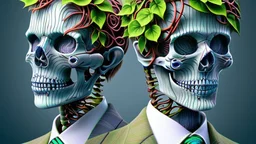 Surreal Couple Made Of Metal Skeletons With Flowering Vines Growing Through; Wearing Blue Gray Green Striped Business Suits With Paisley Shirts And Ties; Surreal, Intricately Detailed, Beautiful, Colorful