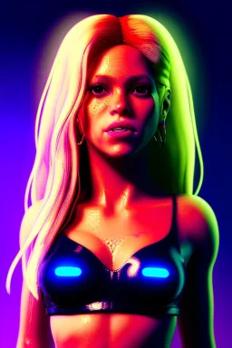 portrait, Shakira, blonde artist, angry, Realistic image, latex style dress. loose long hair, eyes make up, perfect, glow, circle iris. Neon colors, leds, geometric shapes. Dark background, photo studio, neon lights. Cyberpunk, concept art, smooth, unreal engine 5, god lights, ray tracing, RTX, lumen lighting, ultra detail, volumetric lighting, 3d, finely drawn, high definition, 4k.