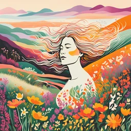 a modernist abstract lithographic print illustration of a her subconscious yearning to be as free a wild wind whispering across a vast landscape of wildflowers , striking, atmospheric, dreamlike, mystical, enigmatic, amorphous, in the style of Matisse, in soft, vibrant plant based organic colors, boldly inked, hyper detailed , highly detailed feminine facial features, 4k