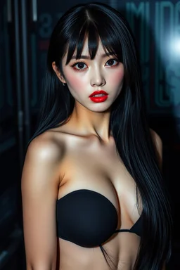 Beautiful Japanese woman, very long black hair, very serious, surprised, red lips, black eyes, nice body, big bubs, with dark and gloomy technological background, high image quality, good understanding of artificial intelligence to create the image.