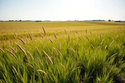 a short wild grass clearing next to an ideal farm field, sunny day, product photo setting, mid-level horizon