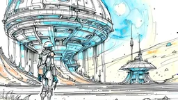 moebius line drawing style with watercolor of a spaceport with a pilot entering her space craft