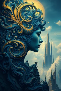 Prompt : An Images of the art of possession in conceptual art surreal, intricate composition featuring a profile of a seamlessly into a swirling, ,Rich shades of blue and gold dominate the image, creating a sense of depth. In the background, fantastical, towering structures rise against a softly lit sky, adding to the dreamlike quality of the scene.