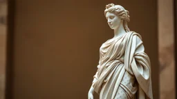 An elegantly poised sculpted figure, exuding a sense of creativity and sophistication, awaits in blurred anticipation. The subject, a marble statue of a Greek goddess, stands tall with intricate details in the flowing drapery and graceful pose. The artist's skill is evident in the delicate carving of the intricate patterns on her robe and the lifelike expression on her face. This high-quality photograph captures the ethereal beauty of the statue, highlighting its creative design and high-minded