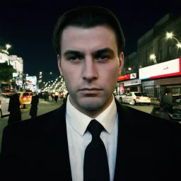 very grainy discolored photo, face portrait, empty night street, grunge, 2000s Russia, businessman, extremely gaunt, haughty, perfect looking, striking features, nice suit, extremely pale, inhuman