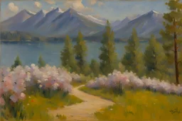 Sunny day, mountains, flowers, pathway, pine trees, lake, distant trees, theodore robinson impressionism painting