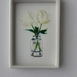 tiny oil painting of single long stem pressed flower, white canvas, modern frame, shadows, ghostly, melancholy, tender, moody, vintage, delicate arrangement, beautiful composition, etsy, aesthetic layout, plain solid white background