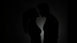 An attractive athletic man silhouette standing very close to a woman silhouette against a modern wall. He leans toward her confidently, one arm resting against the wall beside her. Woman looks up at him, her face mostly hidden. romantic tension,. His face is partly in shadow,, fit build, black fitted shirt. Dark indistinct background, black, charcoal, and deep tones, cinematic