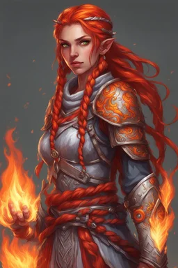 Female paladin Druid. Made from fire, hair is long and bright red. It has some braids. Eyes are big, looks like fire . Makes fire with hands. Has trust issues