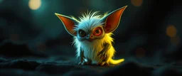 pen outline with some neon airbrush, glowing quickling gremlin in the shadows with long fluffy white fur, pin hole camera, 3d motion blurred background