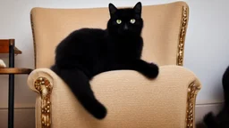 A black cat sitting on a chair in a room.