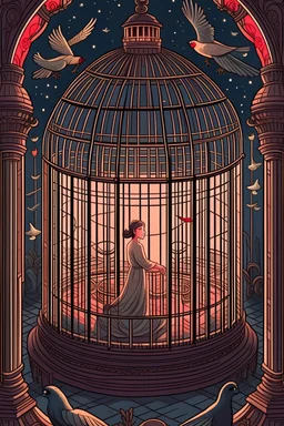 I needed to create a non-realistic illustration in a fantasy style, expressing the theme of freedom. The picture adopts an overhead perspective, and the content is in a dark, luxurious, retro banquet scene. The main subject of the picture is a huge birdcage, and in the cage is the scene of a luxurious banquet. Outside the cage are scenes such as dilapidated beams. In the upper part of the painting, outside the cage, a sheet of feathers falls in the sacred overhead light