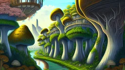 Gigantic mushroom village with balconies, archways, stairs, bridges, bushes, spanish moss, ivy, river, a winding pathway through the middle, in a valley