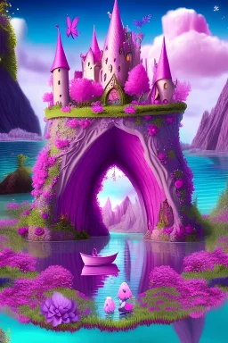 paesaggio fatato rosa violetto, con con fata, unicorno, gnomi fiori , castello fatato, con sfondo di fiori e piante, fiume