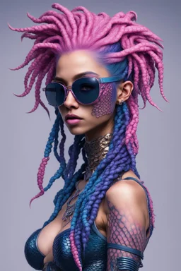 entire body mermaid cyberpunk some fish scales on face pink and indigo hair dreadlock sunglasses