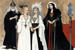 the Slavic goddess girl youthful Zorya Utrennyaya (Dawn/Morning), the Slavic goddess woman 30 years old Zorya Vechernyaya (Twilight/Evening), the Slavic goddess granny old Zorya Polunochnaya (Midnight), and the Slavic god Czernobog (terrible evil hammer) : illustration by Norman Rockwell and Helmut Newton for American Gods (2021), they stand in the slavic realm