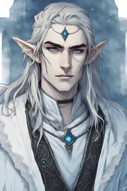 a young high elf frost Sorcerer with long wiry hair and blue ice across his face like a scar, wearing a light and white velvet crop top with black edges, frost ornaments on clothes