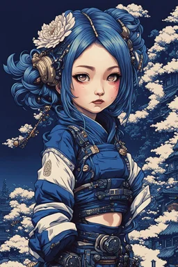 beautiful cyberpunk petit girl, hyperdetailed, illustration by Katsushika Hokusai, darkblue tones, many place are made 8bits or Pixel Art,