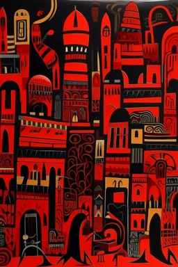 A dark red elastic vampiric city designed in ancient Egyptian pottery painted by Stuart Davis