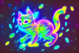 cute chibi dynamically dancing cat, holographic, bioluminescent, an image visualizing musical notes in an abstract and dynamic composition. Let the musical notes dance in the air, forming a symphony of shapes and symbols that convey the essence of sound. Show the notes floating and intertwining in air, creating a visually harmonious composition