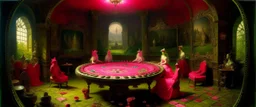 A pink magical casino with runes painted by George Inness