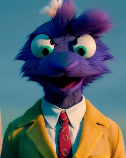 Realistic image, hybrid character, Sesame Street muppet, head, man, body, ,arms, hands, Shirt and tie, Wes Anderson style, concept art, smooth, unreal engine 5, god lights, ray tracing, RTX, lumen lighting, ultra detail, volumetric lighting, 3d, finely drawn, high definition, 4k.