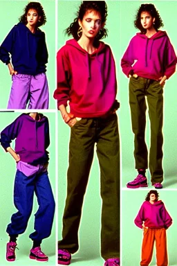 year 1994 women fashion. Loose fit, "combat pants" with low waist, baggy, Combat pants, t-shirt and interesting hoodie. Colors: denim blue, blue, purple, khaki, light green, lilac, plum, orange, terracotta, red, pink, dark blue, beige. Women models. Starling pattern prints.Jennifer Lopez, Gwyneth Paltrow, . Big tennis shoes on. Cargo pants.